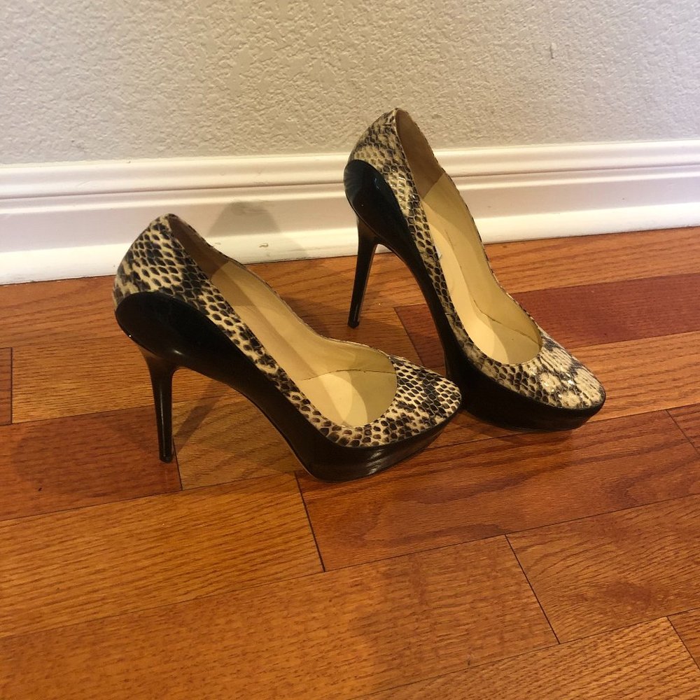 Jimmy Choo patent leather and snakeskin platforms